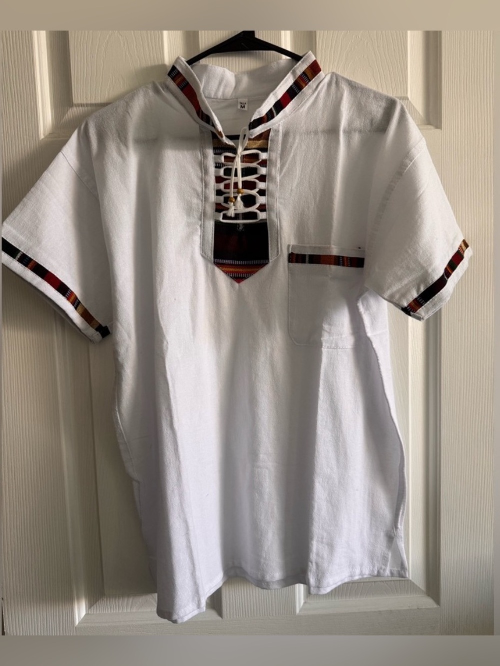 Men's White Short-Sleeve Lace-Up Shirt with Tribal Trim. Size: Medium - Picture 2 of 4